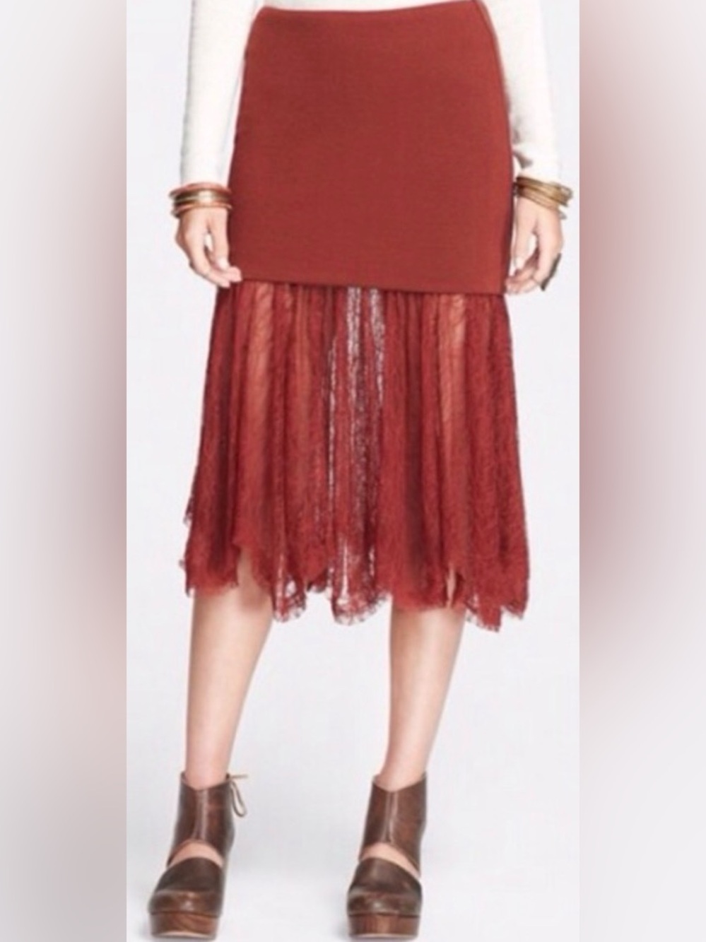NWT Free People Two For One Sheer Lace Bottom Skirt-Red Rust
